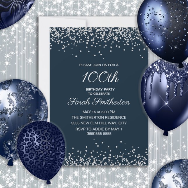Navy Blue Silver Diamond Glitter 100th Birthday Invitation (Navy blue and silver glitter 100th birthday party invitation for women. Customize with your own text)