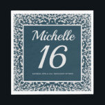 Navy Blue Silver Diamond Glitter 16th Birthday Napkin<br><div class="desc">Elegant navy blue and silver diamond glitter 16th birthday party custom paper napkins personalized with a name,  age,  party date,  and location.</div>