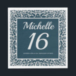 Navy Blue Silver Diamond Glitter 16th Birthday Napkin<br><div class="desc">Elegant navy blue and silver diamond glitter 16th birthday party custom paper napkins personalized with a name,  age,  party date,  and location.</div>