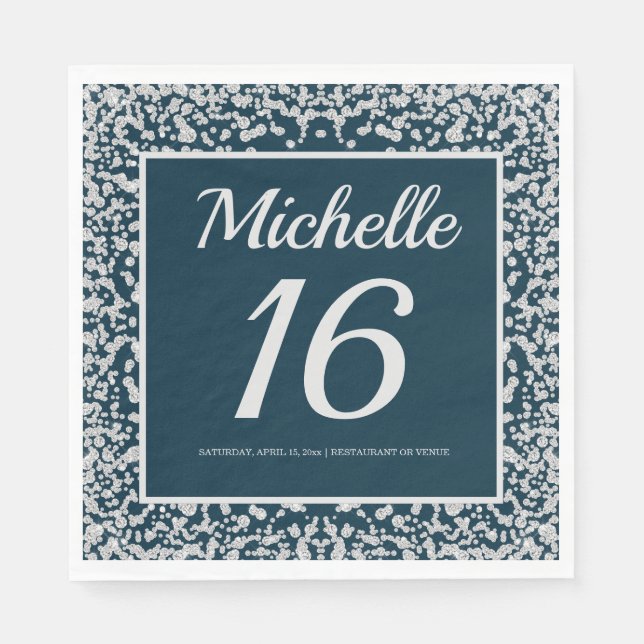 Navy Blue Silver Diamond Glitter 16th Birthday Napkin (Front)