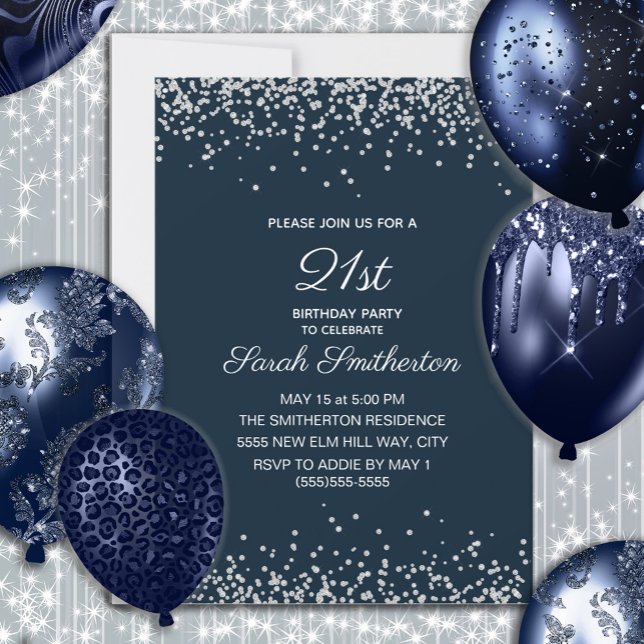 Navy Blue Silver Diamond Glitter 21st birthday Invitation (Navy blue and silver glitter 21st birthday party invitation)