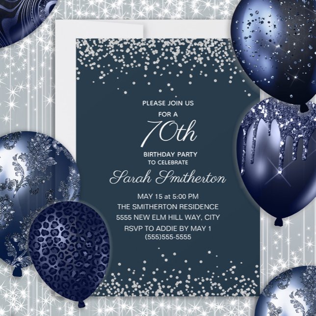 Navy Blue Silver Diamond Glitter 70th Birthday Invitation (Navy blue and silver glitter women's 70th birthday invitation)