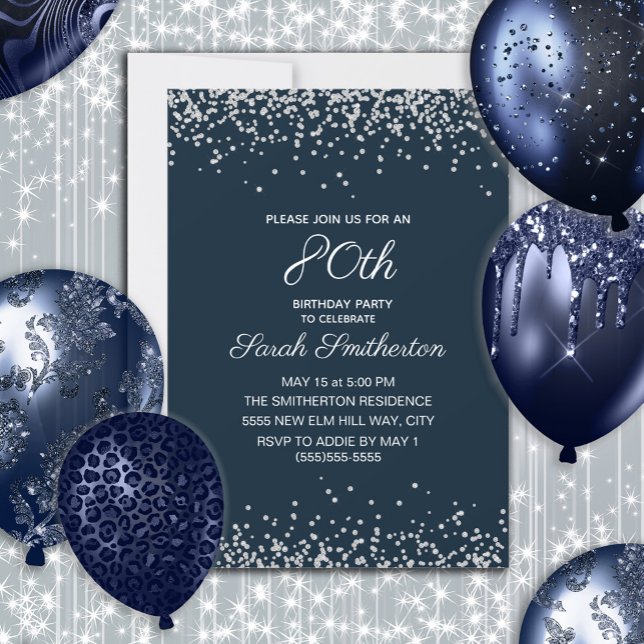 Navy Blue Silver Diamond Glitter 80th Birthday Invitation (Navy blue and silver glitter women's 80th birthday invitation customizable with your own text.)