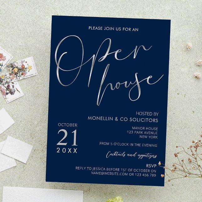 Navy Blue & Silver Elegant Corporate Open House Invitation (Navy blue and faux silver company open house event invitations)