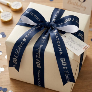 Navy Blue Silver Fabulous Birthday Satin Ribbon