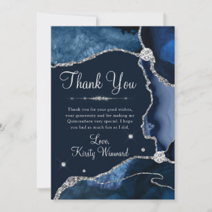 Navy Blue & Silver Faux Glitter Agate Quinceanera Thank You Card
