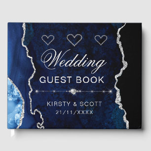 Navy Blue & Silver Faux Glitter Agate Wedding Guest Book