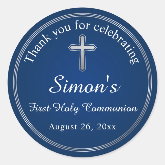 Navy Blue Silver First Holy Communion Classic Round Sticker (Front)