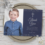 Navy Blue Silver First Holy Communion Photo Thank You Card<br><div class="desc">Featuring delicate silver stardust,  you can personalize with your special first holy communion thank you message in chic text on a navy blue background. Designed by Thisisnotme©</div>