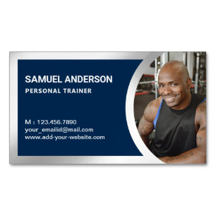 Navy Blue Silver Fitness Personal Trainer Photo Magnetic Business Card