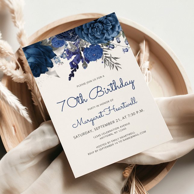 Navy Blue Silver Floral 70th Birthday Party Invitation (Creator Uploaded)