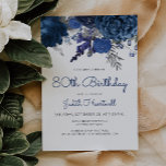 Navy Blue Silver Floral 80th Birthday Party Invitation<br><div class="desc">This elegant 80th birthday invitation features a floral top border of navy blue flowers and silver faux foil leaves. The words "80th Birthday" and the name of the guest of honour appear in navy blue casual handwriting script, with the rest of the customizable text in charcoal grey sans serif font....</div>