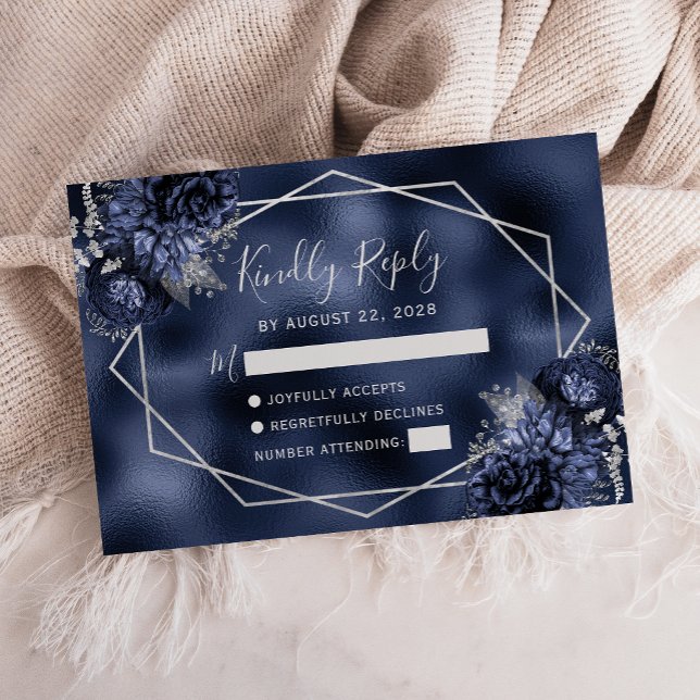 Navy Blue Silver Floral Geometric RSVP Card (Creator Uploaded)