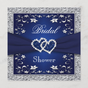 Navy Blue, Silver Floral, Hearts Bridal Shower Invitation