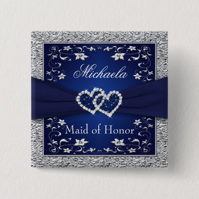 Navy Blue, Silver Floral Maid of Honour Wedding Pi 2 Inch Square Button (Front)