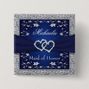 Navy Blue, Silver Floral Maid of Honour Wedding Pi 2 Inch Square Button
