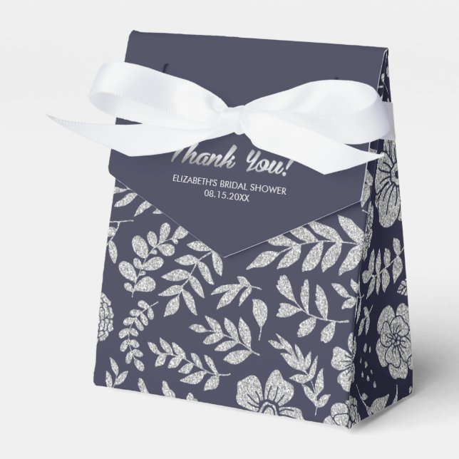 Navy Blue Silver Floral Pattern Bridal Shower  Favor Box (Front Side)