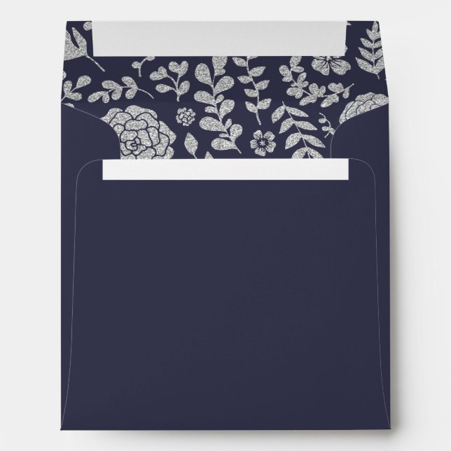 Navy Blue | Silver Floral Pattern Wedding  Envelope (Back (Bottom))