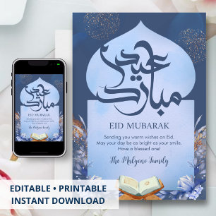 Navy Blue & Silver Floral Quran Eid Mubarak Card