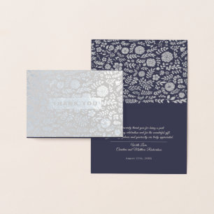 Navy Blue Silver Floral Thank You Wedding  Foil Card
