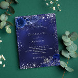 Navy blue silver floral wedding invitation<br><div class="desc">A navy blue background,  decorated with faux silver glitter dust and blue florals. The blue color is uneven. Personalize and add your names and details.</div>