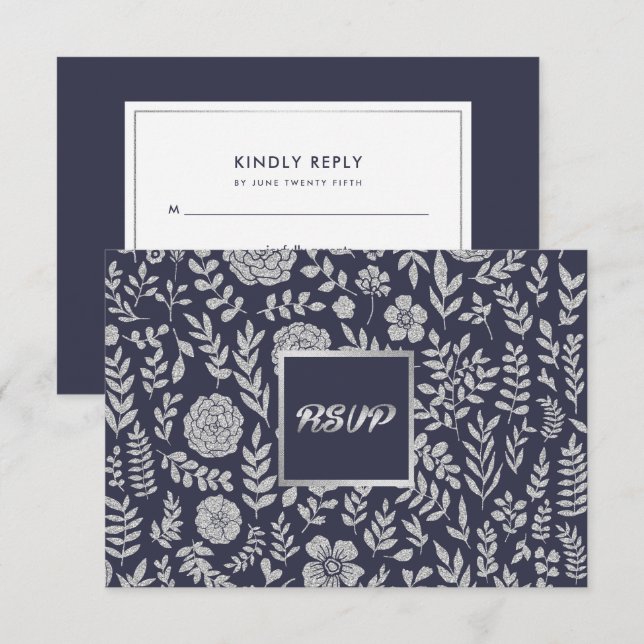 Navy Blue | Silver Floral Wedding RSVP Card (Front/Back)