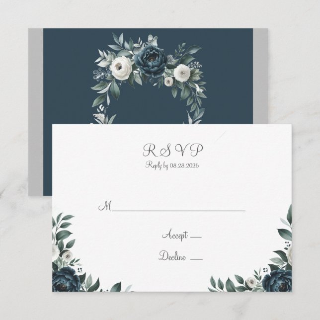 Navy Blue & Silver Floral Wedding RSVP Card (Front/Back)