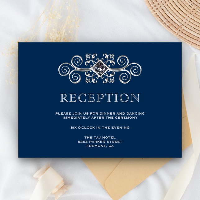 Navy Blue Silver Flourish Reception Enclosure Invitation (Creator Uploaded)