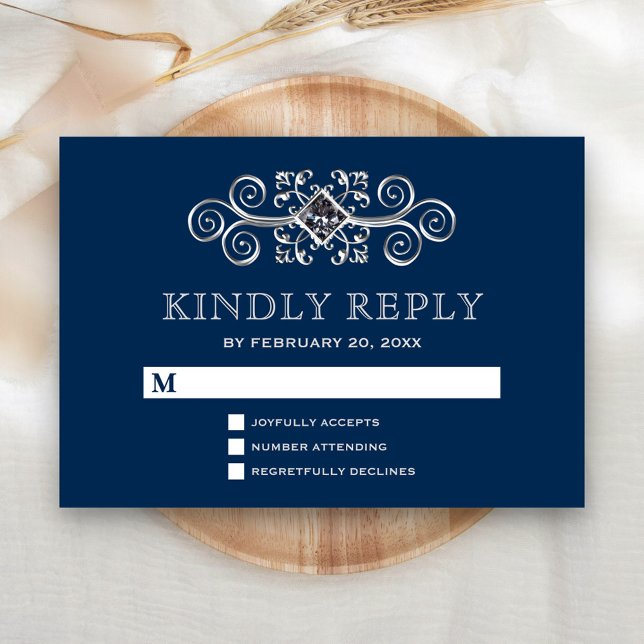 Navy Blue Silver Flourish RSVP (Creator Uploaded)