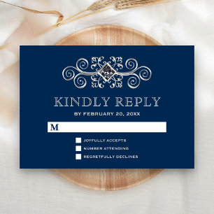 Navy Blue Silver Flourish RSVP Card