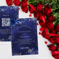 Navy blue silver flowers QR code RSVP wedding