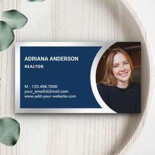 Navy Blue Silver Foil Real Estate Photo Realtor Business Card