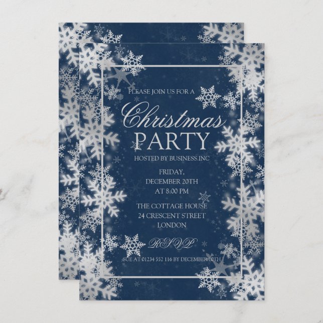 Navy Blue Silver Foil Snowflakes Christmas Party Invitation (Front/Back)