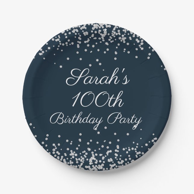 Navy Blue Silver Glitter 100th Birthday Party Paper Plate (Front)