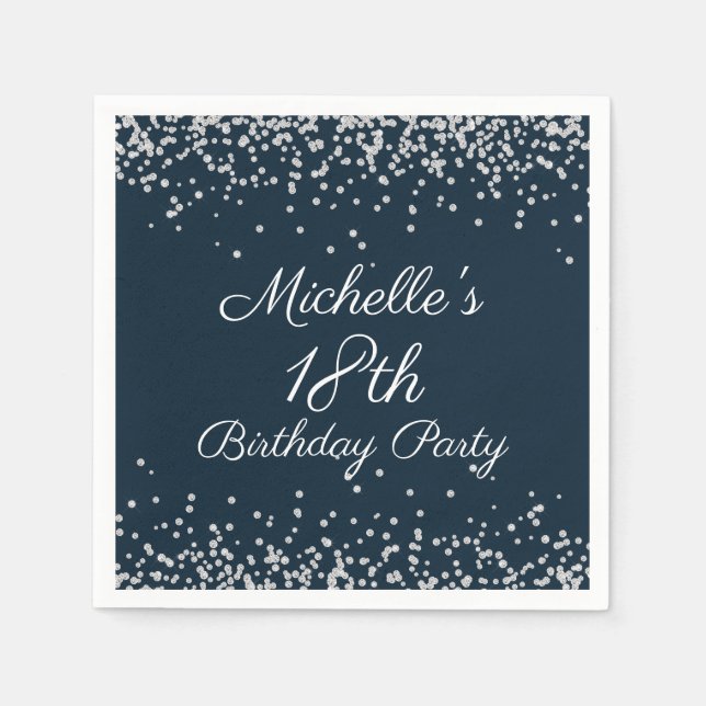 Navy Blue Silver Glitter 18th Birthday Party Napkin (Front)
