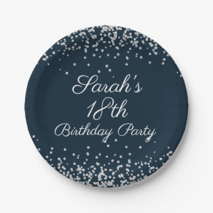 Navy Blue Silver Glitter 18th Birthday Party Paper Plate