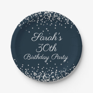 Navy Blue Silver Glitter 30th Birthday Party Paper Plate