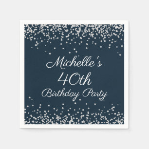 Navy Blue Silver Glitter 40th Birthday Party Napkin
