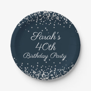 Navy Blue Silver Glitter 40th Birthday Party Paper Plate