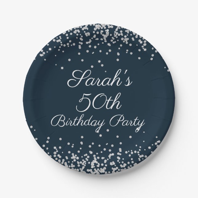 Navy Blue Silver Glitter 50th Birthday Party Paper Plate (Front)