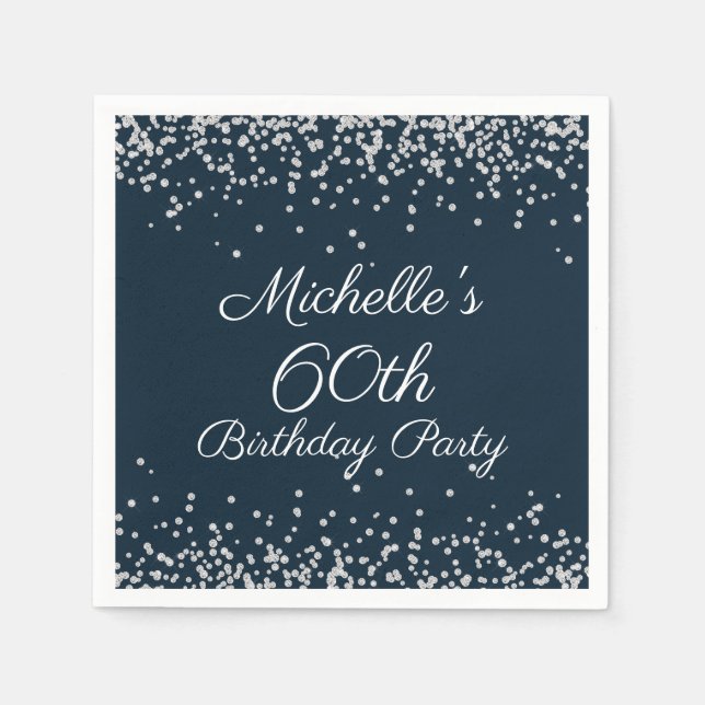 Navy Blue Silver Glitter 60th Birthday Party Napkin (Front)