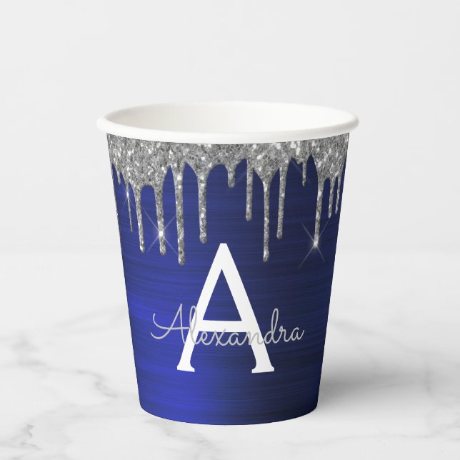 Navy Blue Silver Glitter and Sparkle Monogram Paper Cups (Front)