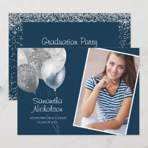 Navy Blue Silver Glitter Balloons Grad Party Photo Invitation