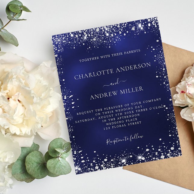 Navy blue silver glitter budget wedding invitation flyer (Creator Uploaded)