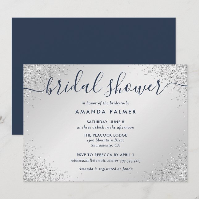 Navy Blue Silver Glitter Confetti Bridal Shower Invitation (Front/Back)