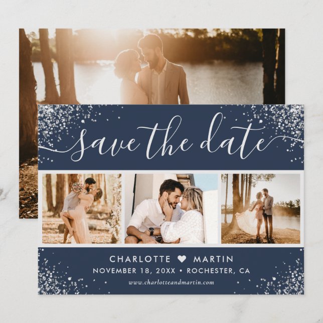 Navy Blue Silver Glitter Confetti Wedding 4 Photo Save The Date (Front/Back)