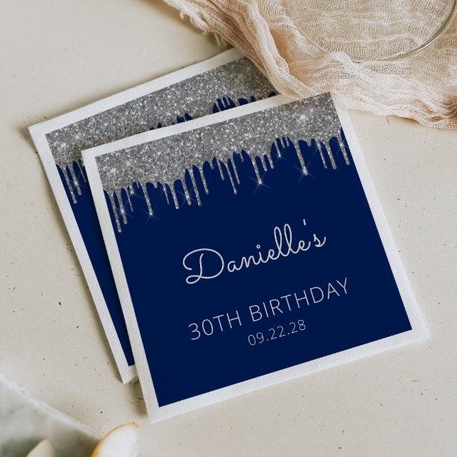 Navy Blue Silver Glitter Drip 30th Birthday Party Napkin (Creator Uploaded)