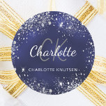 Navy blue silver glitter dust monogram name classic round sticker<br><div class="desc">A classic navy blue background,  the blue colour is uneven. Decorated with faux silver glitter dust. Personalize and add your first name,  monogram initials and full name.</div>