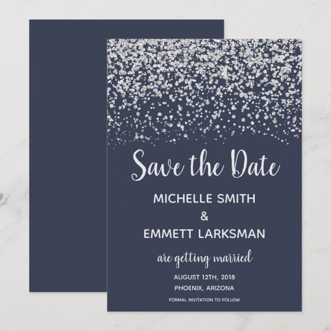 Navy Blue Silver Glitter Elegant Save the Date Invitation (Front/Back)