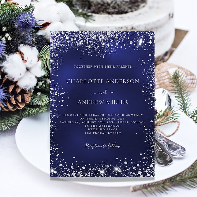 Navy blue silver glitter elegant wedding invitation (Creator Uploaded)